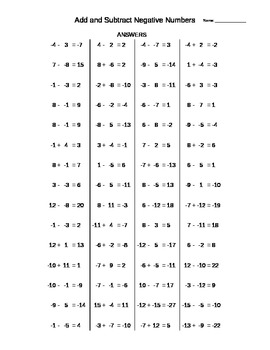 Addition and Subtraction of Negative Numbers Practice Sheet Generator