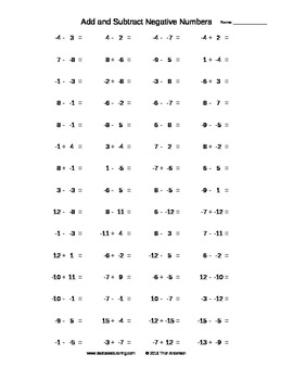 Preview of Addition and Subtraction of Negative Numbers Practice Sheet Generator