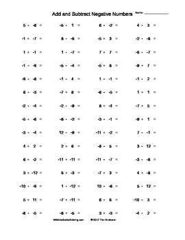 Addition and Subtraction of Negative Numbers Practice Sheets | TpT