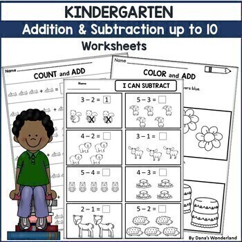 Preview of Kindergarten Addition and Subtraction up to 5 and up to 10 Worksheets MEGA PACK