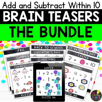 Preview of Math Logic Puzzles First Grade Brain Teasers Add and Subtract to 10 Bundle