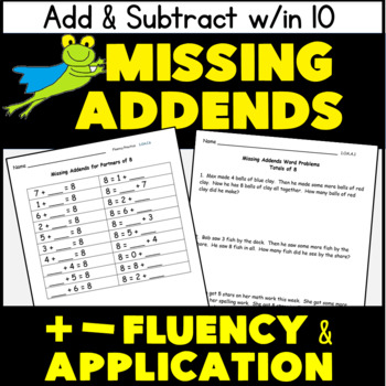 Preview of Addition and Subtraction to 10 with Missing Addends FLUENCY and WORD PROBLEMS