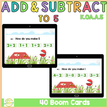 Preview of Addition and Subtraction to 5 Kindergarten Boom Cards™ K.OA.A.5 Picnic Theme