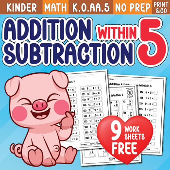 Preview of Addition and Subtraction to 5 Kindergarten Math Facts Fluency Timed Tests FREE
