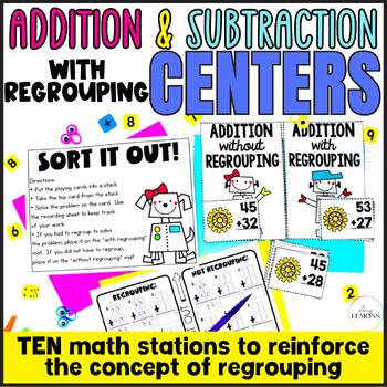 Preview of 2 Digit Addition and Subtraction with Regrouping Math Centers for Double Digits