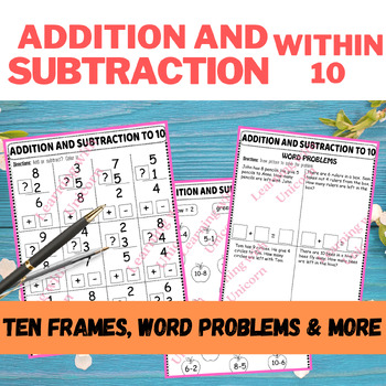 Preview of Addition and Subtraction within 10 worksheet, Math fact fluency & word problems