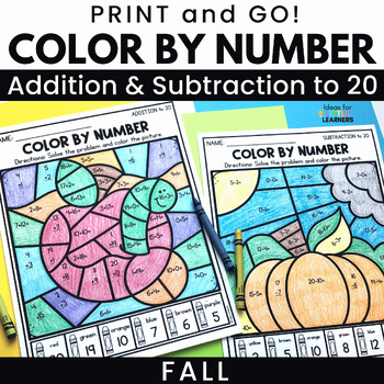 Preview of Addition and Subtraction within 20 Color by Number Worksheets 2nd Grade