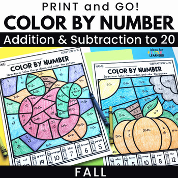 Addition and Subtraction within 20 Color by Number Worksheets Halloween