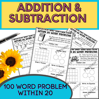 Preview of Addition and Subtraction within 20 word problems / (On a number line, ten frame)