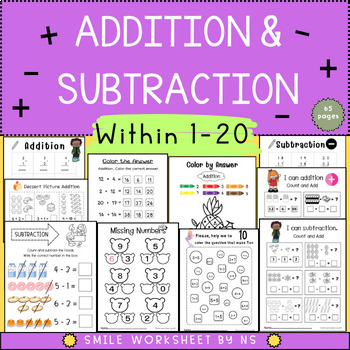 Preview of Addition and Subtraction within 20 worksheets for kindergarten, Frist Grade