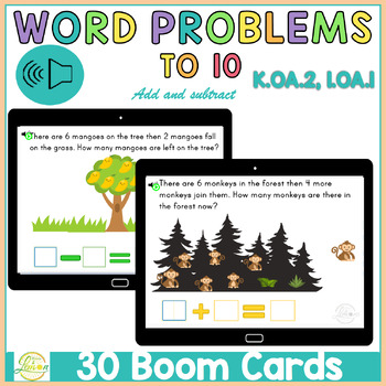 Preview of Addition and Subtraction word problems to 10 K.OA.A.2, 1.OA.A.1  Boom Cards™