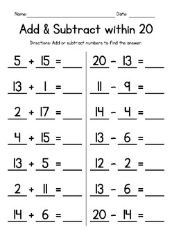 Preview of Addition and subtraction Worksheet within 20