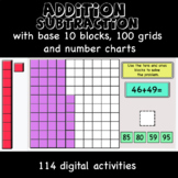 Addition and subtraction with base 10 blocks, 100 grid and