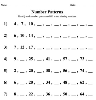 Addition by 1-10, Number Patterns Worksheet (SK - Grade 3) - 1 Page