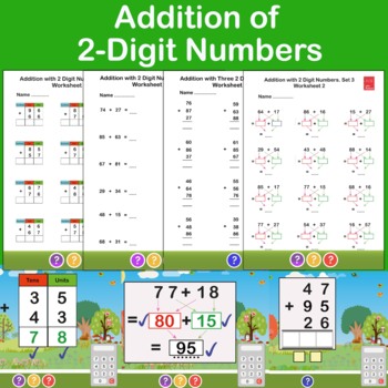 Preview of Addition of 2-Digit Numbers  - Place Value Tables - Standard Algorithm +
