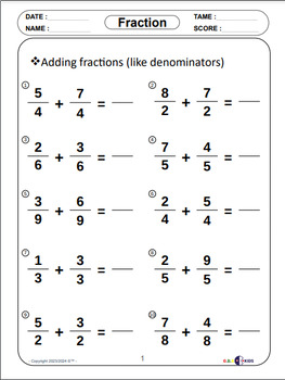 Addition of Like Denominators Fractions and Mixed Numbers Grades 3rd - 5th