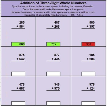 Preview of Addition of Whole Numbers Self-Checking Worksheets