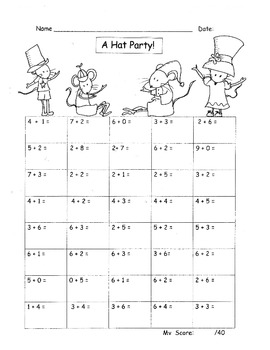 Preview of Addition to 10 Fluency Facts Drill Practice Hats Theme