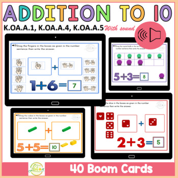 Preview of Addition to 10  Kindergarten Boom Cards™ K.OA.A.1, K.OA.A.4, K.OA.A.5