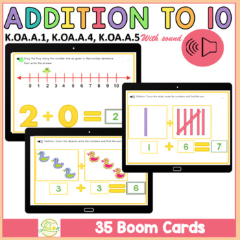 Preview of Addition to 10 | Kindergarten Boom Cards™ K.OA.A.1, K.OA.A.4, K.OA.A.5