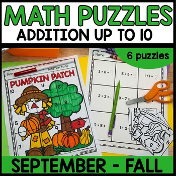 Preview of Addition to 10 Math Puzzles - FALL Themed
