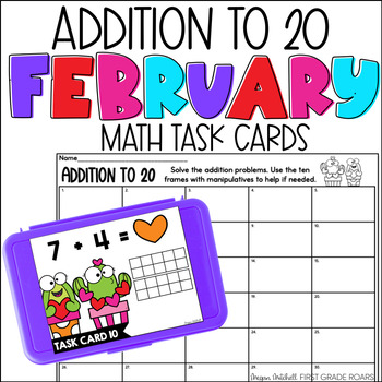 Preview of Addition to 20 February Task Card Activity Math Centers, Scoot, Morning Tubs