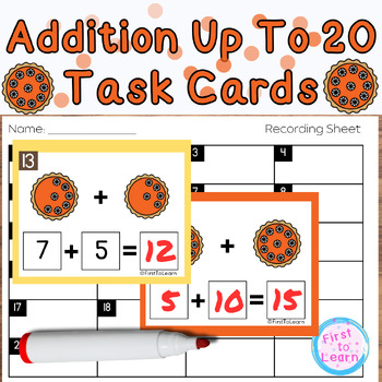 Preview of Addition to 20 Math Center Task Cards First Grade Pumpkin Pie