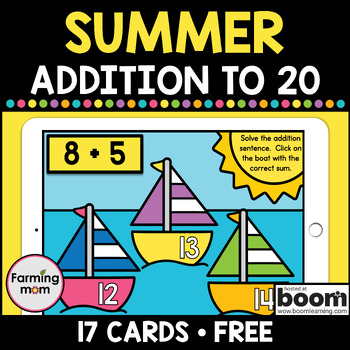 Preview of Addition to 20 Summer Math Boom Cards FREEBIE