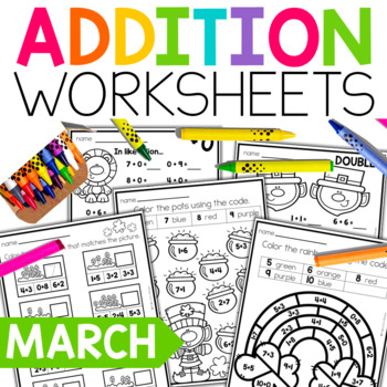 Preview of Addition to 20 Worksheets | March Math | St Patricks Day Activities