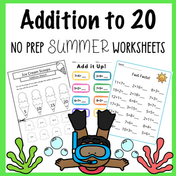 Preview of Kindergarten Summer Math Packet with Addition to 20 Worksheets and Activities