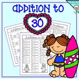 Addition to 30 worksheets that includes math drills, color