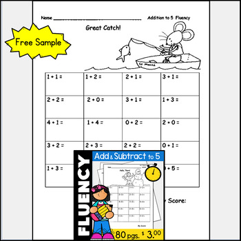 Preview of Math Facts to 5 Addition to 5 Kindergarten Math Fluency FREE SAMPLE SET K.OA.5