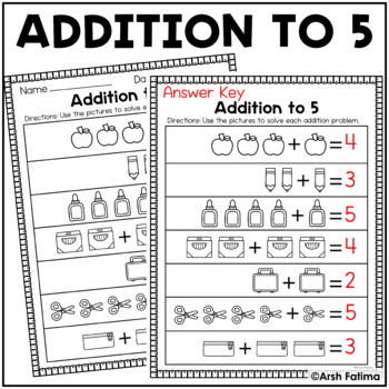 Addition to 5 Math Worksheet by Arsh Fatima | TPT
