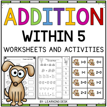 Preview of Addition to and Within 5 Kindergarten First Grade Math Practice Worksheets