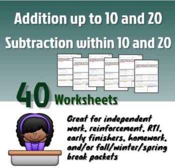 Preview of Addition up to 10 and 20, Subtraction within 10 and 20; 40 teaching worksheets