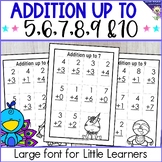 Addition up to 5 - 10 Kindergarten Large Print Easy Worksheets