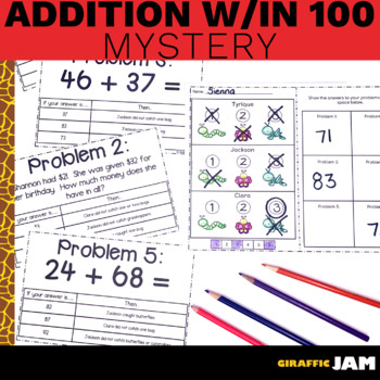 FREEBIE Addition within 100 Math Problem Solving Mystery with Answer Key No Prep