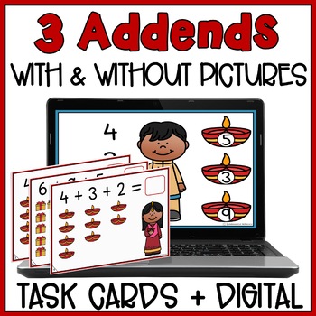 Preview of Adding 3 Numbers Diwali Math Activities - Differentiated Picture Addition