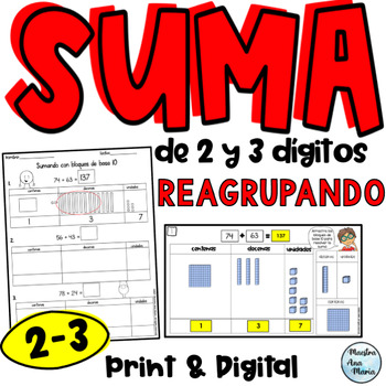 Preview of Addition with Base Ten Blocks in Spanish - Suma de 2 y 3 dígitos reagrupando