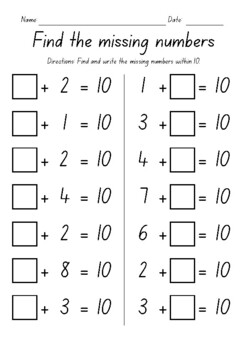 Addition with Missing Numbers Worksheets - Test Prep - Assessment