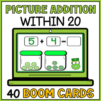 Preview of St Patricks Day Picture Addition to 20 Boom Cards - Kindergarten Math