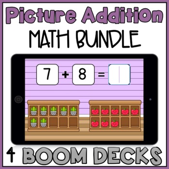 Preview of Addition with Pictures Within 20 Boom Cards - Simple Adding Single Digit Bundle