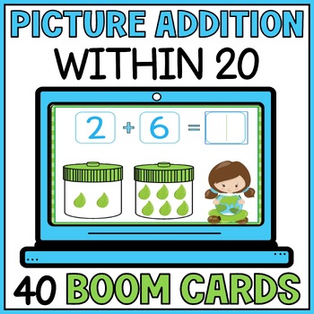 Preview of Adding with Pictures to 20 Boom Cards - Earth Day Picture Single Digit Addition