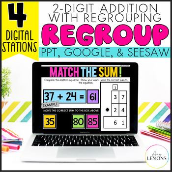 Preview of 2 Digit Addition with Regrouping Math Slides - Digital Double Digit Regrouping 