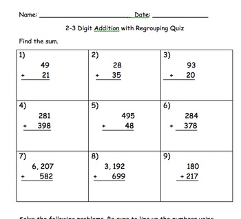 Preview of Addition with Regrouping Quiz