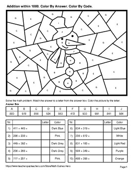 Addition within 1000 - Winter Coloring Pages | Color by Code | TPT