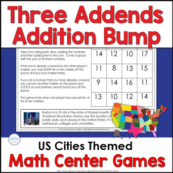 Preview of Three Addends Addition Within 20 - Math Center Games - US Geography