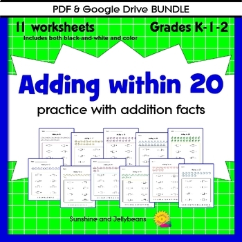 Preview of Addition within 20 - K-1-2 - 11 worksheets in color & b/w - PDF & Google BUNDLE