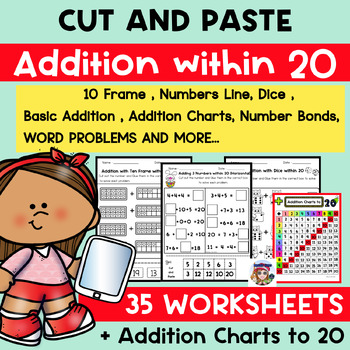 Preview of Addition within 20 Worksheets Activity Math Cut and Paste Worksheets