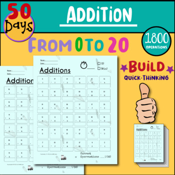 Preview of Additions Timed Drills 0 to 20, Math speed drills worksheets printable 50 days